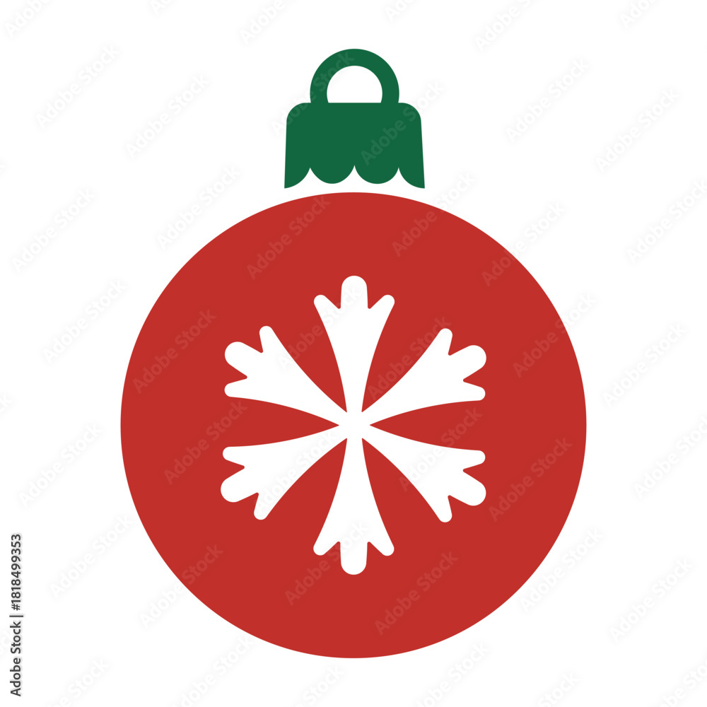 Obraz premium Minimalist, festive red Christmas ornament featuring a white snowflake design. Simple, flat vector illustration ideal for holiday season decorations, winter themes, and greeting cards.
