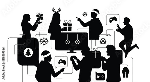 Joyful group celebrating holidays with gifts and digital connection