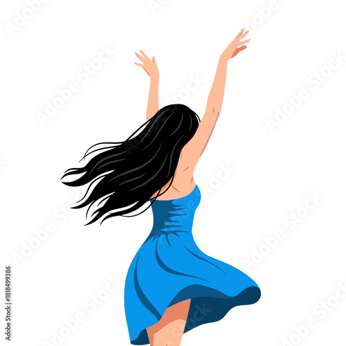 A woman in a blue dress with her arms raised, her black hair flowing in the wind isolated on