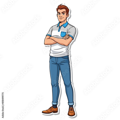 Young man with arms crossed wearing a polo shirt and jeans isolated on full length cartoon illustration