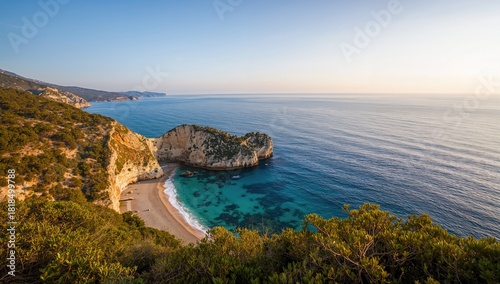 Fototapeta Naklejka Na Ścianę i Meble -  Green shoreline with rocky sea in Stoupa, emphasizing erosion risk during seasonal change