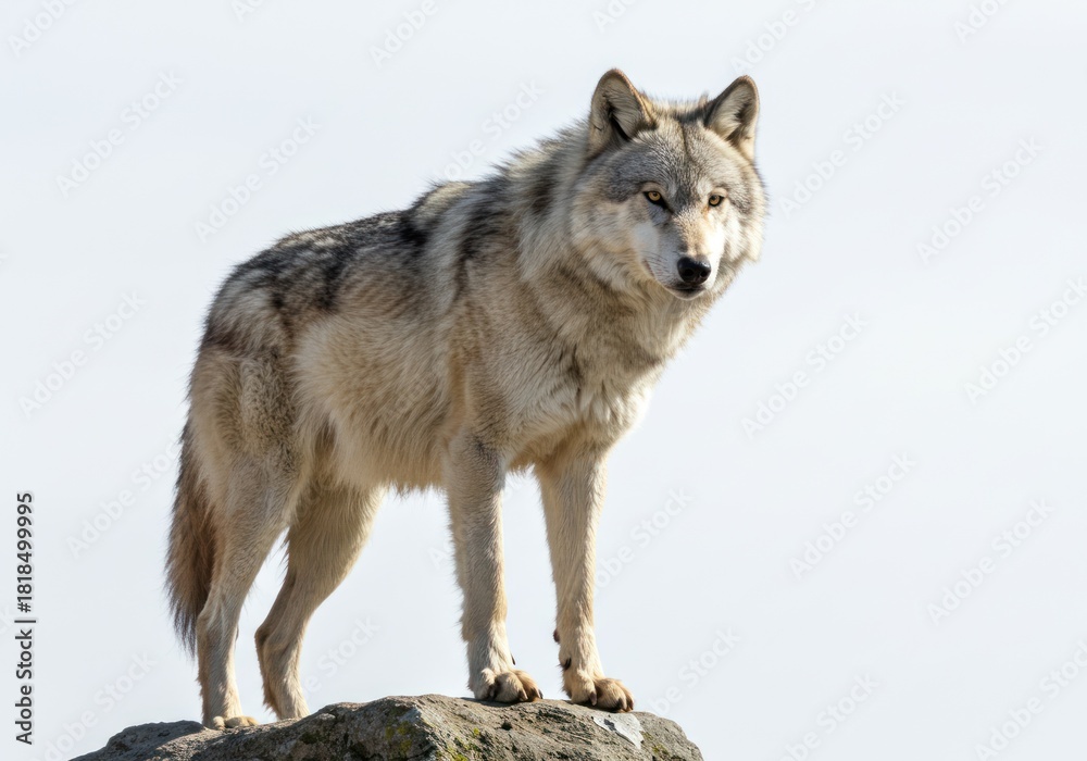 Fototapeta premium Gray Wolf Standing on Rock in Natural Environment with Clear Sky