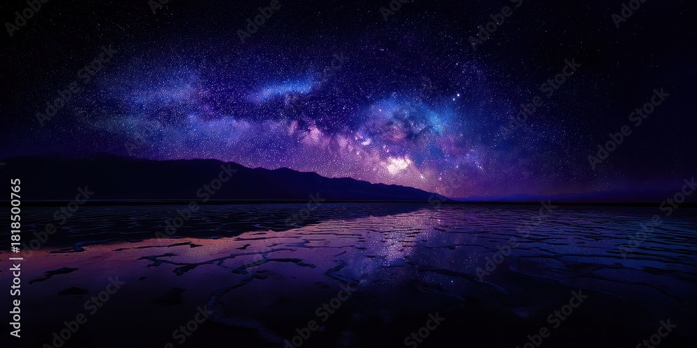 Fototapeta premium Night sky and water reflection with mountains and stars landscape illustration