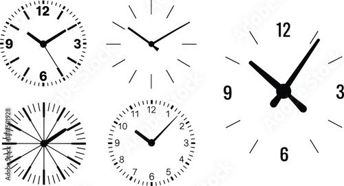 Collection of clock faces and time indicators showing various minimalist and detailed designs for timekeeping, scheduling, deadlines, productivity, and organization concepts.