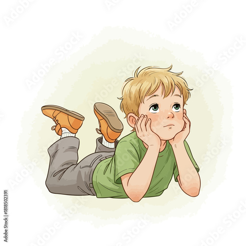 A young boy with blond hair lies on his stomach, propping his head up with his hands, lost in thought isolated on