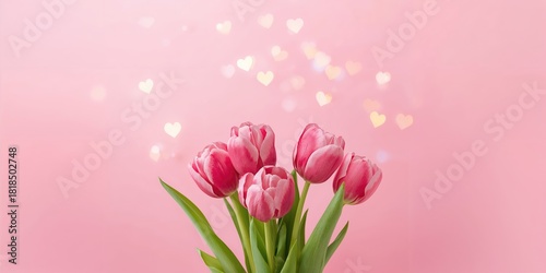 Pink tulips on pastel pink with bokeh lights hearts, floral background for greeting cards