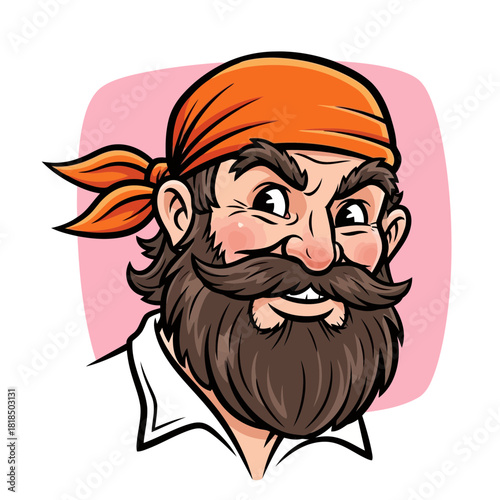 Cartoon pirate with a beard, mustache and orange bandana isolated on looks like he is up to no good