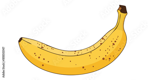 Illustration of a slightly ripe banana with small brown spots on a plain white background, creating a simple design element of a familiar fruit
