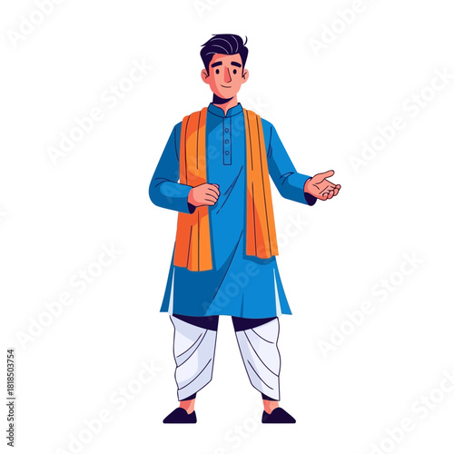 A man in traditional indian clothing standing with a welcoming gesture isolated on he is wearing a blue kurta and dhoti