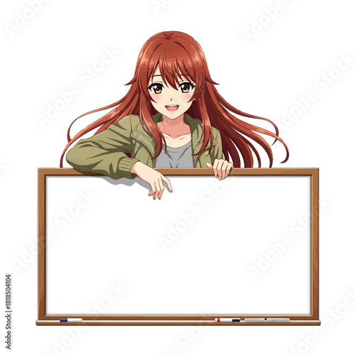 Anime girl with auburn hair holding a blank whiteboard isolated on, perfect for adding your own text or design