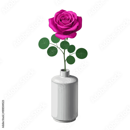 A vibrant pink rose in a sleek white vase, isolated on, its petals unfurling in delicate detail, a symbol of love