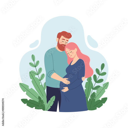 Loving husband embracing his pregnant wife surrounded by lush green plants isolated on expecting parents concept