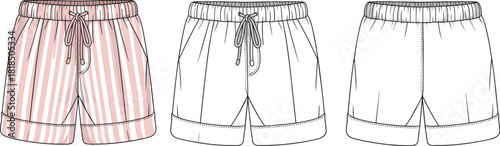 Fashion shorts template with front and back views, striped design, technical flat sketch, apparel illustration for clothing designers and garment production