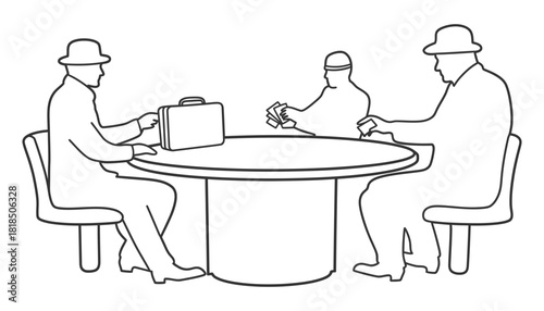 Outline drawing of men playing poker with briefcase on table
