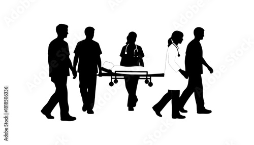 Medical team transporting patient on stretcher silhouette vector