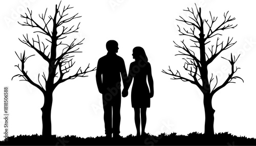 Silhouette couple walking holding hands romantic trees love art