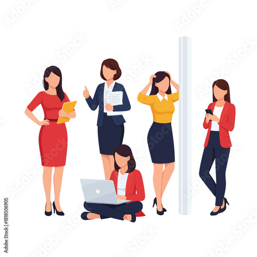 A group of business women in different poses isolated on diverse team of female professionals at work