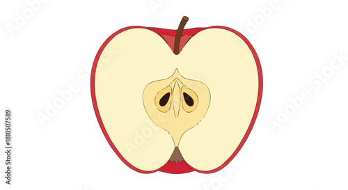 Graphic illustration showing a halved red apple with internal detail on a white background displaying an appealing and minimalist approach