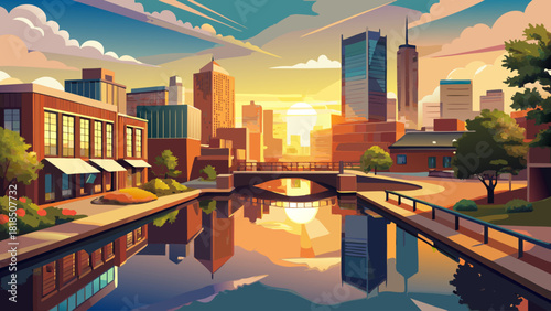 Very beautiful sunrise view of the Oklahoma City skyline from Bricktown, featuring warm morning light reflecting off modern buildings, canals, and bridges, creating a vibrant and peaceful urban atmosp
