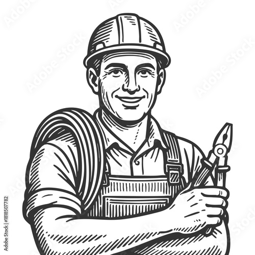 smiling male electrician wearing a hard hat and overalls, carrying coiled cable sketch engraving generative ai fictional character vector illustration. Scratch board imitation. Black and white image