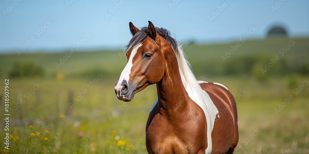 Fototapeta premium Portrait of a brown and white horse, emphasizing its coat pattern and stance, suitable for equine identification.