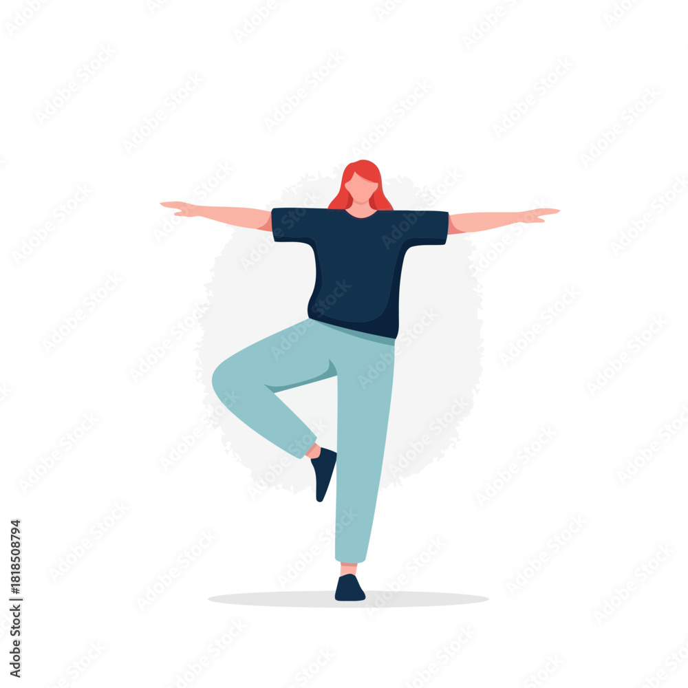 Fototapeta premium A woman in a tree yoga pose with her arms outstretched isolated on she is wearing a tshirt and pants