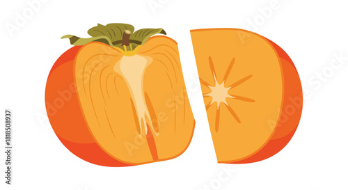 Isolated Illustration of a Sliced Persimmon Fruit Presenting Vibrant Orange Colors and Internal Details for Culinary Graphics