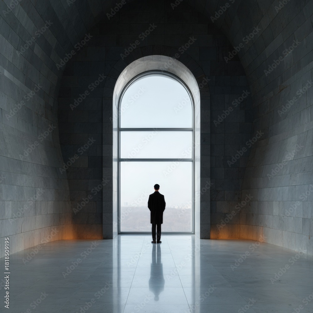 Fototapeta premium Solitary reflection: male silhouette in grand archway