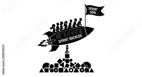 Agile Scrum Team Rocket Launching Towards Sprint Goal.