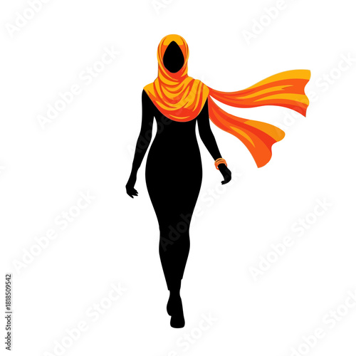 Silhouette of a muslim woman in a hijab walking gracefully isolated on modern and elegant representation