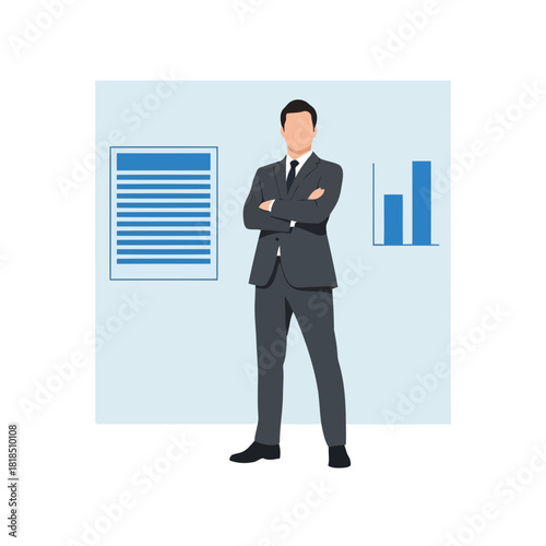 Confident businessman in a suit stands with crossed arms, representing corporate leadership, financial analysis, and business strategy