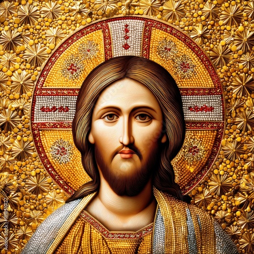 Close-up portrait of Jesus Christ depicted in an icon, featuring a detailed golden halo and an ornate, textured background made of golden beads and star-shaped