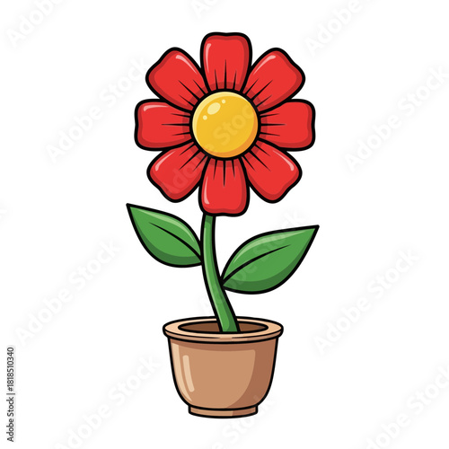 A cheerful red cartoon flower with a yellow center and green leaves in a brown pot, isolated on