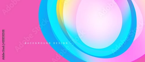 Abstract colorful layers create dynamic visual effect. Pink background complements vibrant circular shapes, modern design element.
