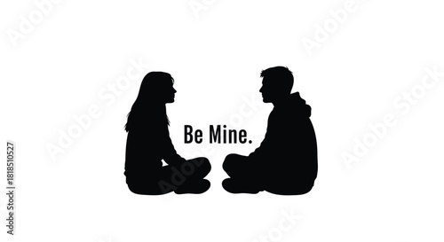 Silhouette couple sitting facing each other with be mine text on white background