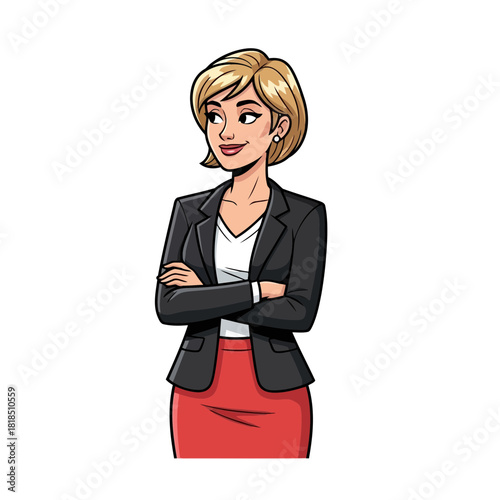 Professional businesswoman with blonde hair and a black blazer stands confidently with arms crossed, isolated on