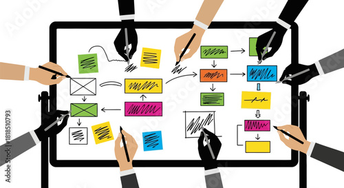 Team Collaboration and Business Strategy Planning on Whiteboard.