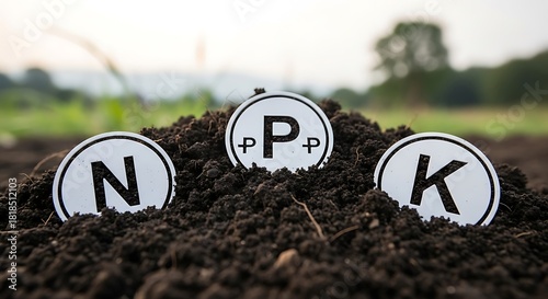 NPK fertilizer concept with nitrogen phosphorus and potassium on soil for plant growth and agricultural productivity