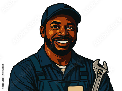 male mechanic in uniform holding a wrench, symbolizing skill, labor, and technical work. Generative ai vector colorful pop art illustration.