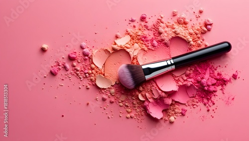 A makeup brush sits atop a collection of brightly colored eyeshadows, arranged in a visually appealing composition