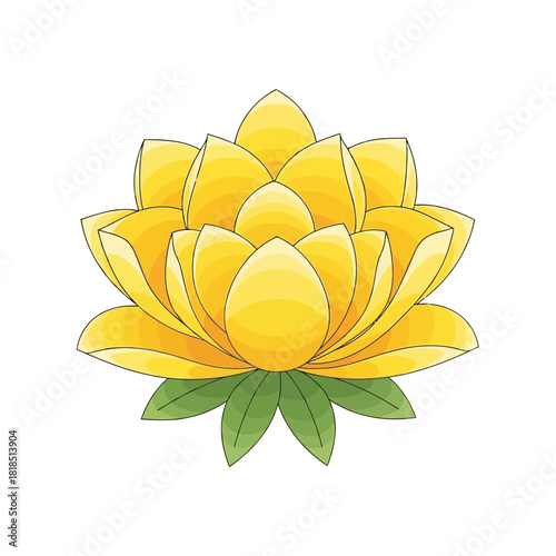 Vibrant yellow lotus flower illustration with green leaves, symbolizing purity, beauty, and spiritual enlightenment
