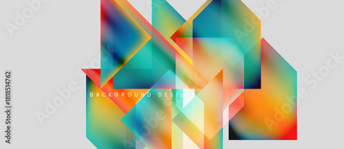 Abstract geometric shapes overlap, creating vibrant color gradients. Design features teal, orange, yellow hues. Modern background texture.