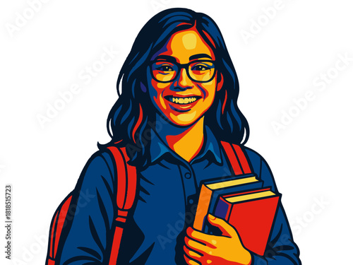smiling female student with backpack and books, symbolizing education, learning, and academic life. Generative ai vector colorful pop art illustration.