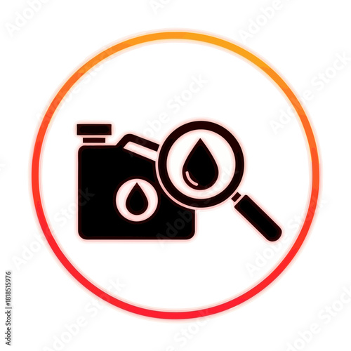 Fluid inspection and oil quality control icon with a can and magnifying glass, isolated on