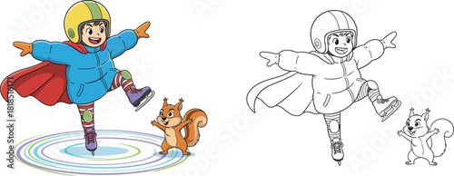 Kid Ice Skating with a Mischievous Squirrel Mimicking Their Moves