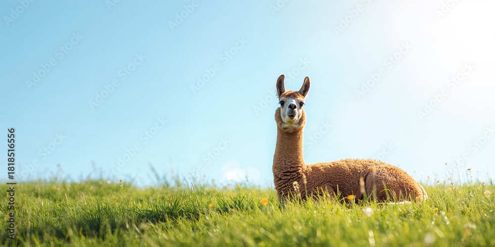 Obraz premium Llama resting outdoors on a sunny day, emphasizing animal relaxation and natural behavior