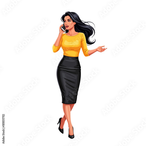 Young professional woman in a yellow blouse and black skirt making a phone call, isolated on