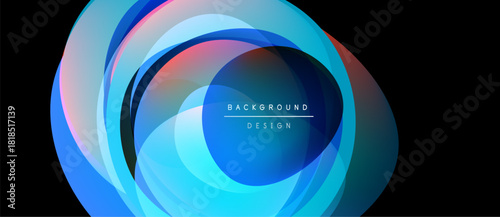 Abstract colorful layers create dynamic circular design. Bright blues, pinks, oranges blend seamlessly. Modern graphic element.