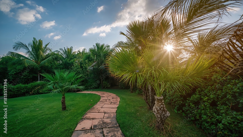 Fototapeta premium Pathway with paving slabs surrounded by palm trees in a tropical garden, suitable for landscape design planning