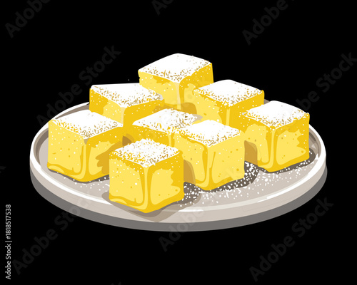 Lemon flavored sponge cake cubes served on a plate with powdered sugar for traditional bakery dessert - Vector Illustration